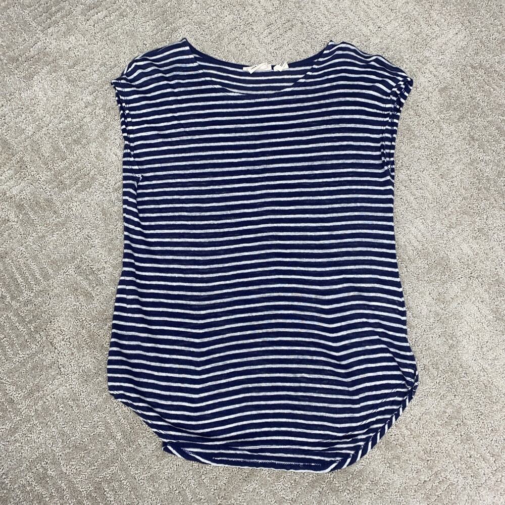 Christian Siriano Top 100% Linen Relaxed Navy Striped Beach Coastal Old Money S